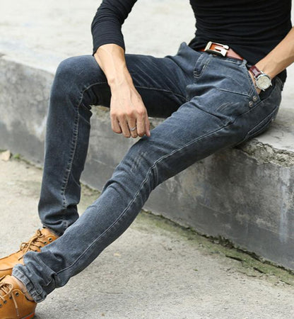 Men's Slim Fit Denim Blue Jeans Straight Leg High Quality Trousers Retro Style