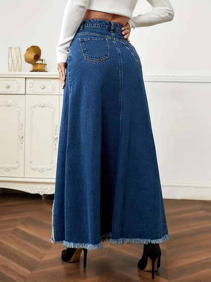 Women's Denim Patchwork Maxi Flare Skirt