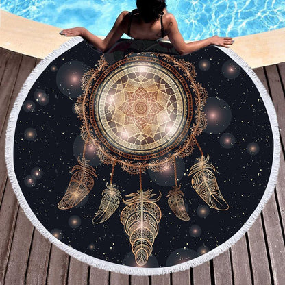 Dreamcatcher Mandala Round Tassel Edge Fleece Blanket Microfibre Beach Towel Yoga Mat 150cm