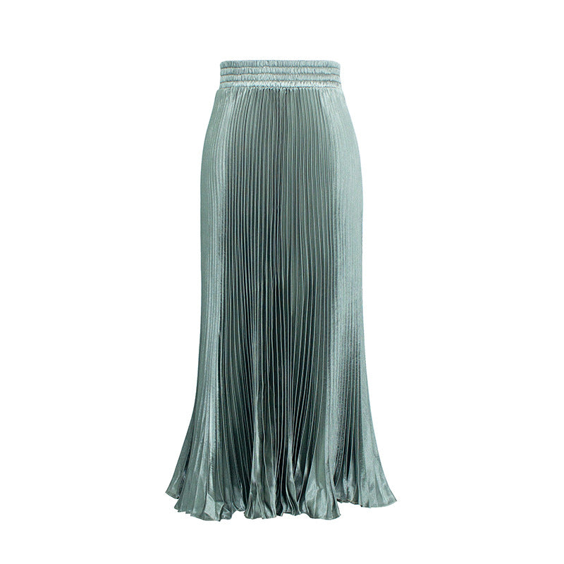 Women's Satin Metallic Pleated Maxi Skirt Long Organ Fan Long Length Elastic Waist