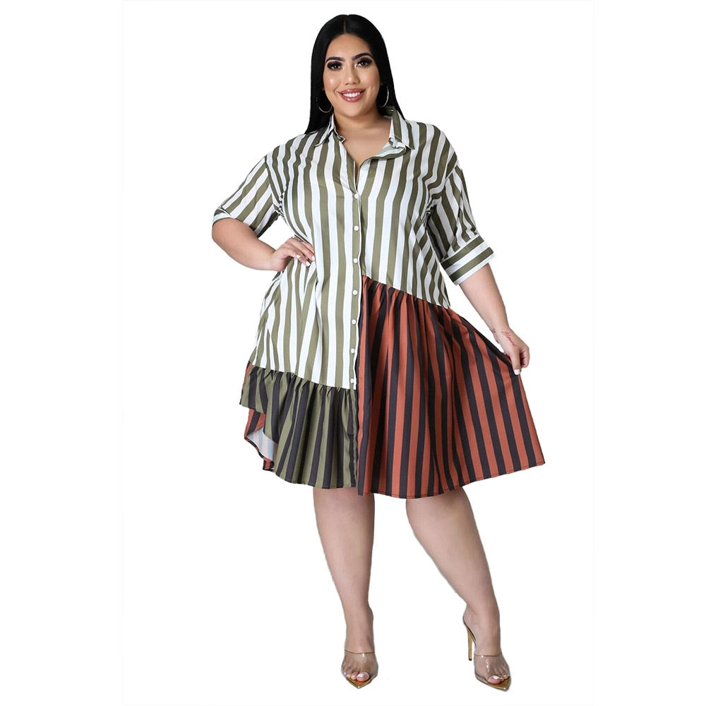 Women's Plus Size Striped Patchwork Knee Length Dress Fitted Belt Waist Button Front