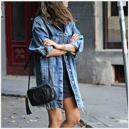 Women's Oversized Denim Jacket Boyfriend Style Frayed Bottom Detail Coat