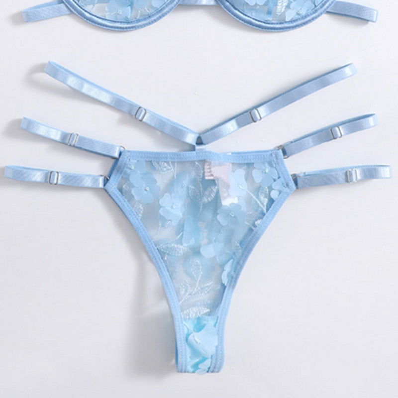 Women's Floral Embroidered Sheer Lingerie Set Sky Blue
