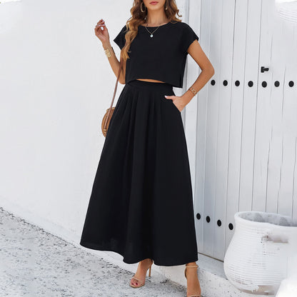 Women's Solid Colour Top and Long Skirt Two Piece Set Soft Loose Fitted Short Sleeve Flare A-Line With Pockets Outfit