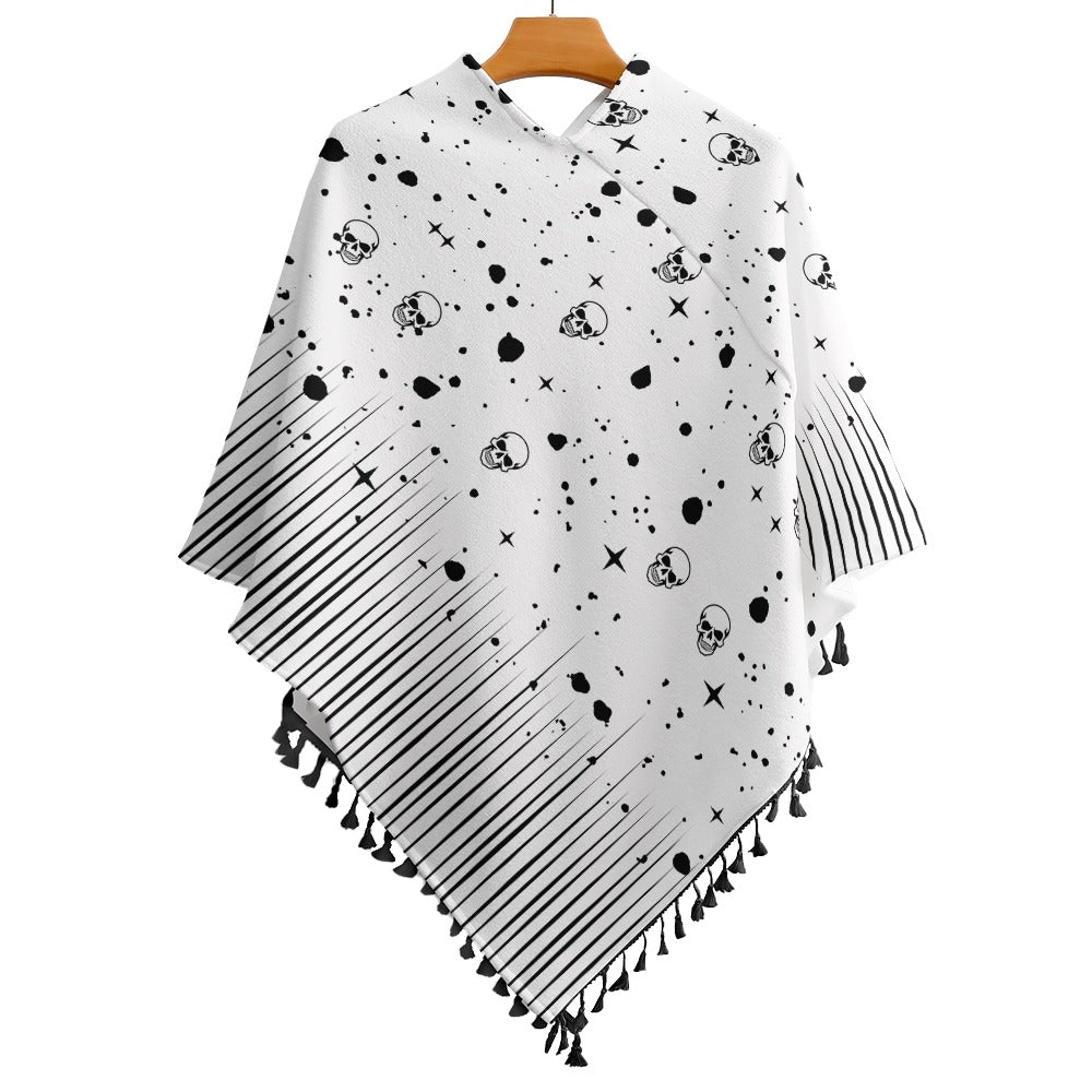 Women's Skull Print Cape With Fringed Edge One Size Pullover Outwear Fashion Halloween Season Must Have!