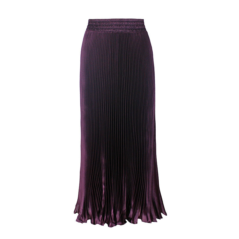 Women's Satin Metallic Pleated Maxi Skirt Long Organ Fan Long Length Elastic Waist