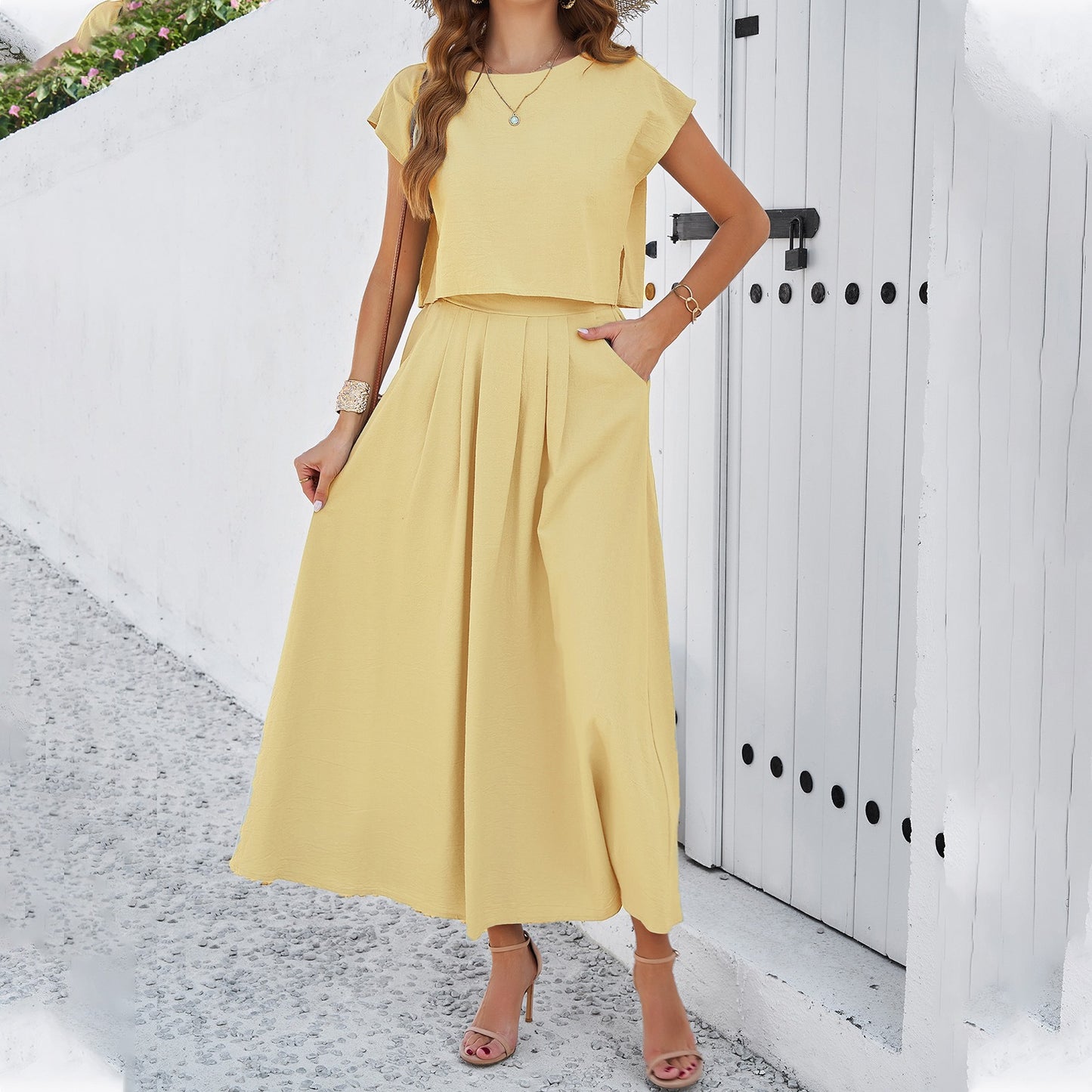 Women's Solid Colour Top and Long Skirt Two Piece Set Soft Loose Fitted Short Sleeve Flare A-Line With Pockets Outfit