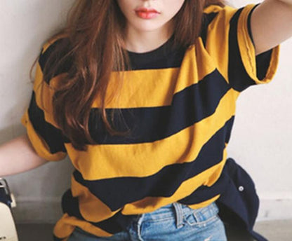 Women's Stripe Oversized T-Shirt Loose Long Top Round Neck Short Sleeve Casual Streetwear Clothing Fashion