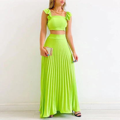 Women's Solid Colour Two Piece Set Co-ords Short Tank Top High Waist Pleated Maxi Length Skirt