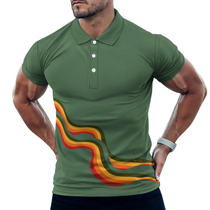 Men's Retro Print Polo Shirt Plus Size Button Collar Short Sleeve T-shirt