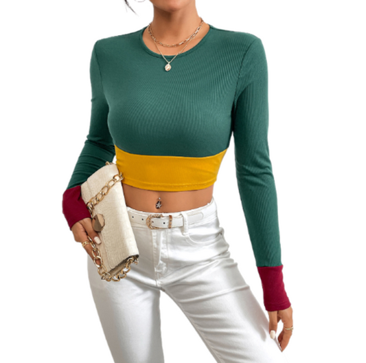 Women's Block Contrast Colour Crop Top Long Sleeve Round Neck T-Shirt