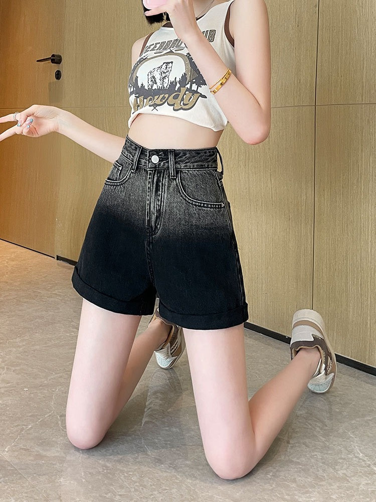 Women's Black Ombre Faded Wash Denim Shorts High Waist Fitted Jeans