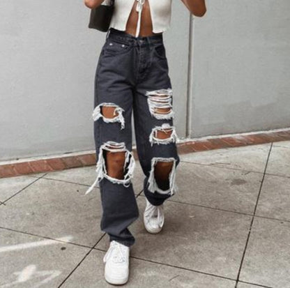 Women's Sexy Ripped Denim Jeans High Waist Holes Destroyed Broken Wide Pants Vintage Denim Trousers Distressed