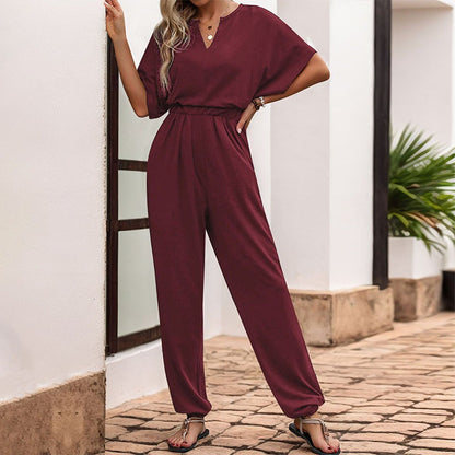 Women's Solid Colour Jumpsuit V-Neck Short Sleeve Fitted Waist Straight Leg Outfit