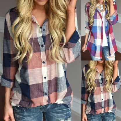 Women's Check Plaid Button Front Long Sleeve Cotton Shirt