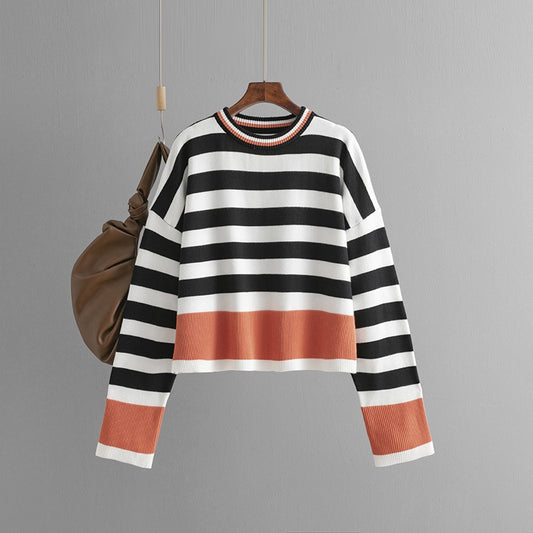 Women's Striped Long Sleeved Round Neck Knitted Sweater Jumper