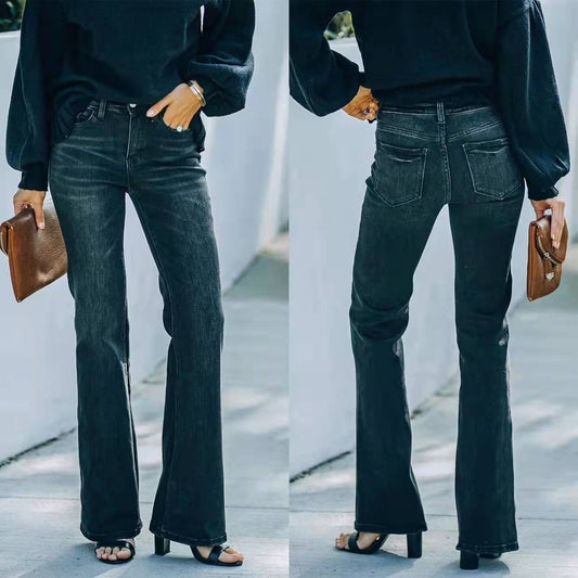 Women's Dark Denim Jeans High Waist Stretch Flare Trousers