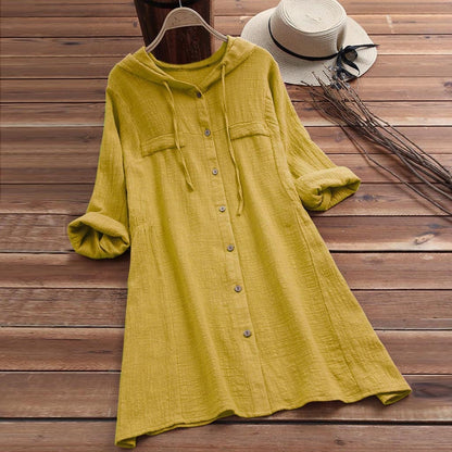 Women's Plus Size Linen Hooded Shirt Dress Long Sleeve Midi Length