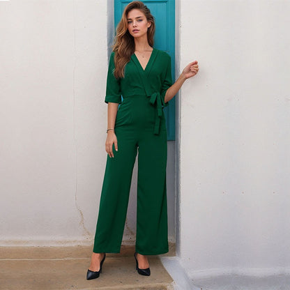 Women's Solid Green Jumpsuit V-Neck Mid Sleeves Tie Belt Waist Straight Leg Zip Back Outfit