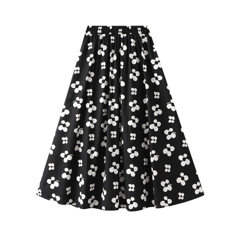 Women's Retro Print Skirt Cotton Layered High Elastic Waist Pleated Flare A-Line Midi Length