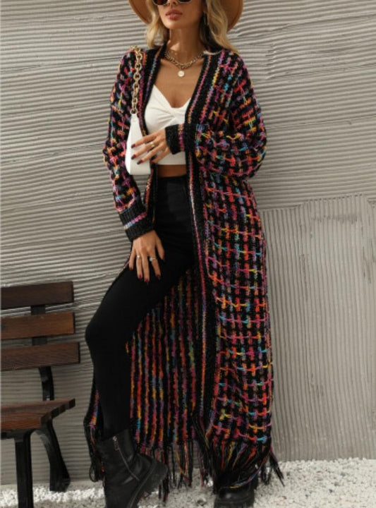 Women's Bohemian Multicolour Knit Cardigan Long Vintage Tassel Fringed Stylish Coat