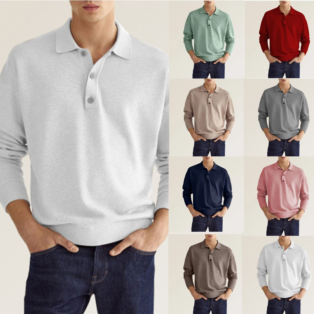 Men's Solid Colour Polo Shirt Long Sleeve Button Collar Loose Fit Casual Top