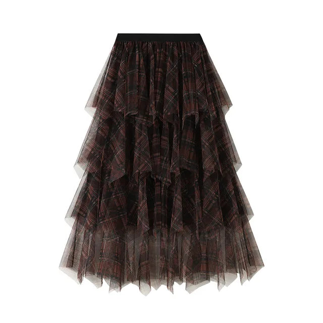 Women's Tartan Mesh Layered A-line Midi Flare Skirt