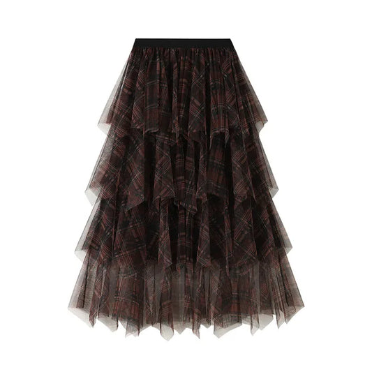 Women's Tartan Mesh Layered A-line Midi Flare Skirt