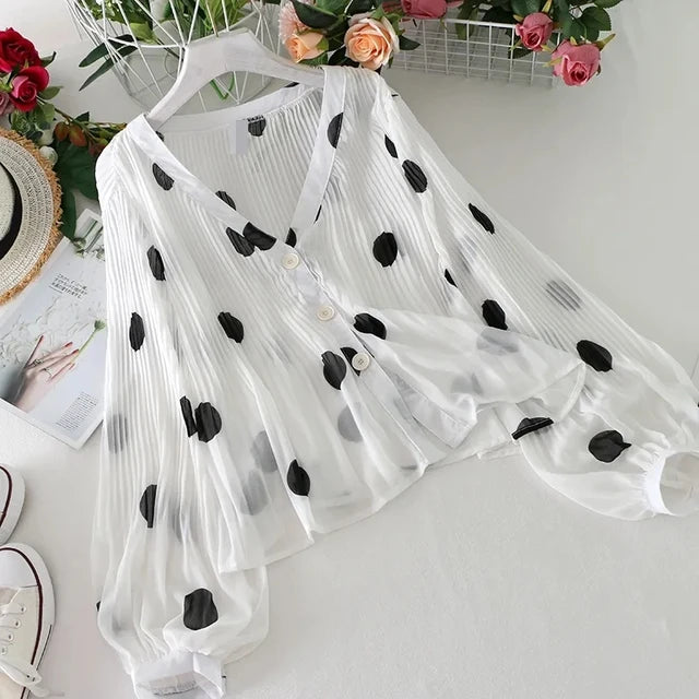 Women's Polka Dot Chiffon Blouse Long Puff Sleeve Loose Fitted Top One Size