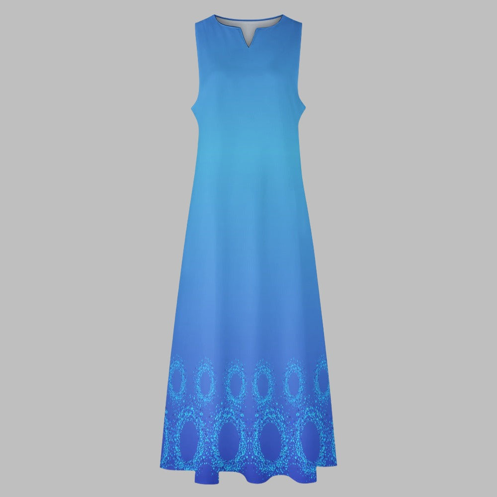 Women's Marine Blue Circle Print Sleeveless Pockets Long Length Maxi Dress Comfortable Casual Elegant Fashion