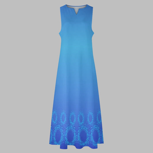 Women's Marine Blue Circle Print Sleeveless Pockets Maxi Dress