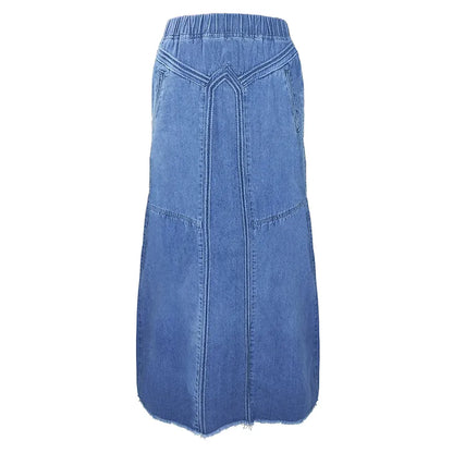 Women's Oversize Denim Skirt Patchwork Detailed Stitch Frayed Hem Solid High Waist Pockets Maxi Full Length