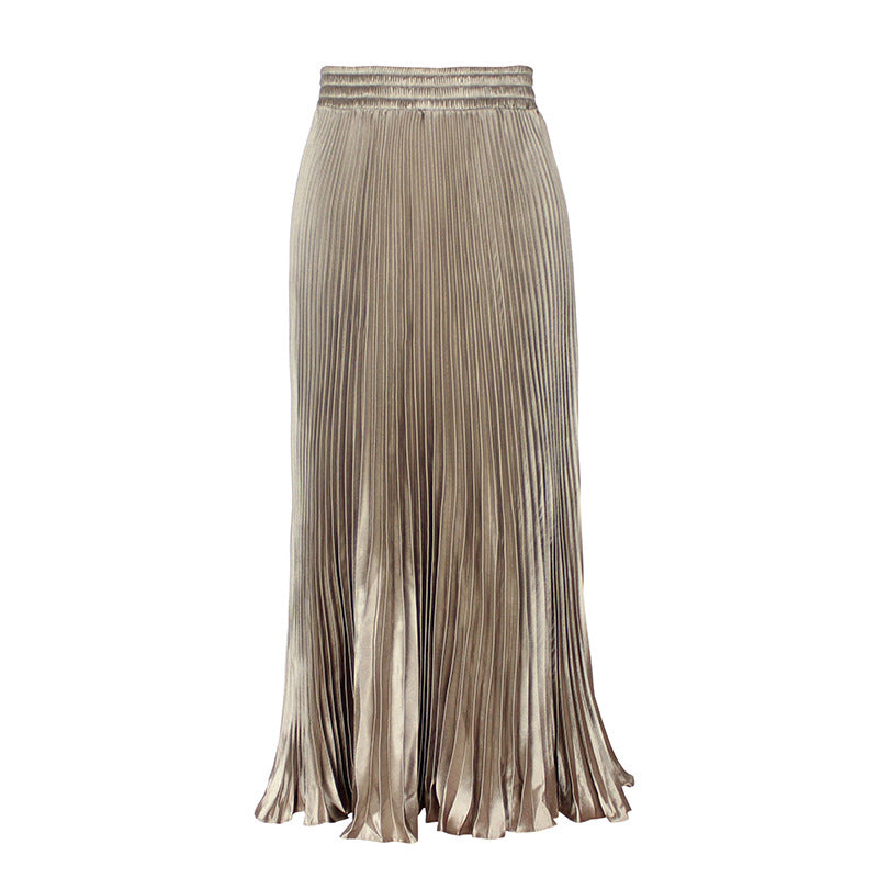 Women's Satin Metallic Pleated Maxi Skirt Long Organ Fan Long Length Elastic Waist