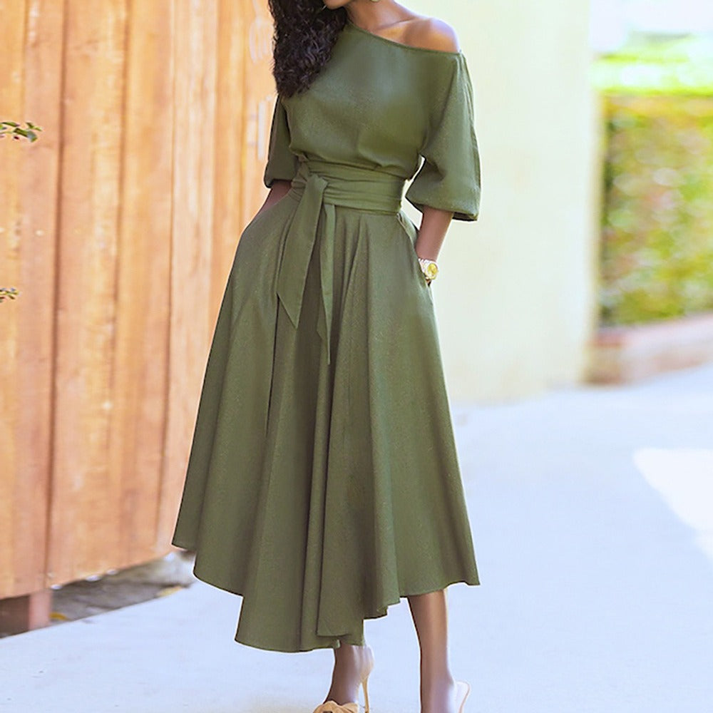 Women's Solid Colour Dress Off-Shoulder Medium Puff Sleeve Fitted Waistband with Pockets Flared Long Midi Elegant Fashion