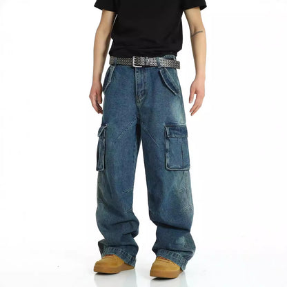 Men's Denim Jeans Multi Pocket Heavy-duty Loose Fit Trousers