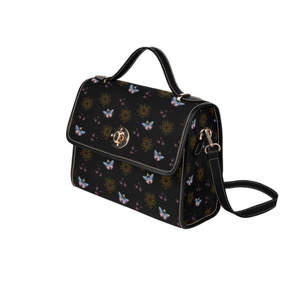 Women's Butterfly Sun Print Black Handbag With Shoulder Strap