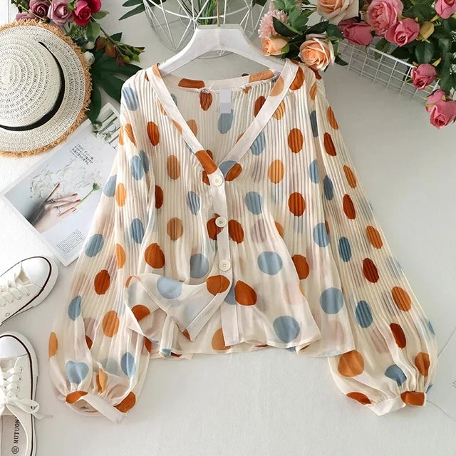 Women's Polka Dot Chiffon Blouse Long Puff Sleeve Loose Fitted Top One Size