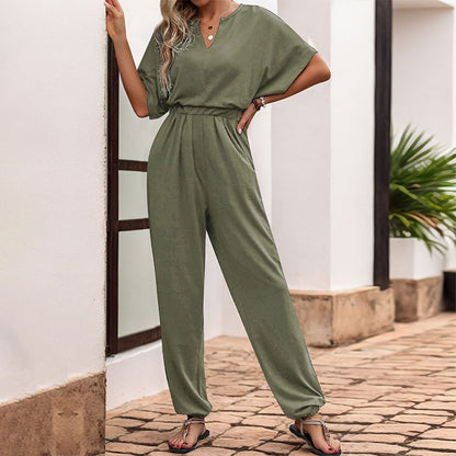 Women's Solid Colour Jumpsuit V-Neck Short Sleeve Fitted Waist Straight Leg Outfit