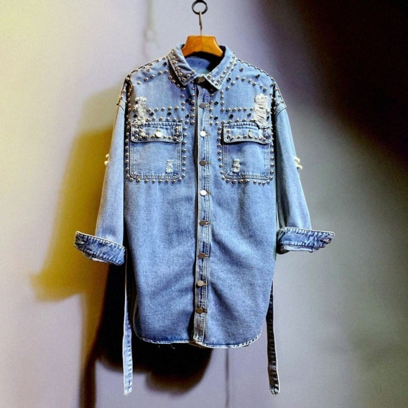 Women's Denim Ripped Stud Detail Shirt Belt Tie Waist Long Sleeve Button Front