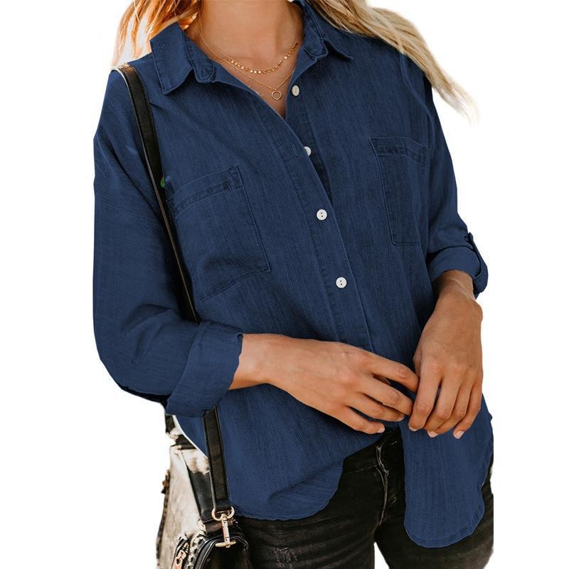 Women's Denim Style Lightweight Shirt Loose Fitting Double Pocket Long Sleeved Blouses