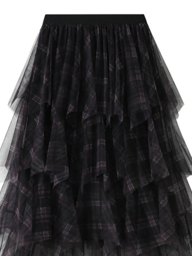 Women's Tartan Mesh Layered A-line Midi Flare Skirt