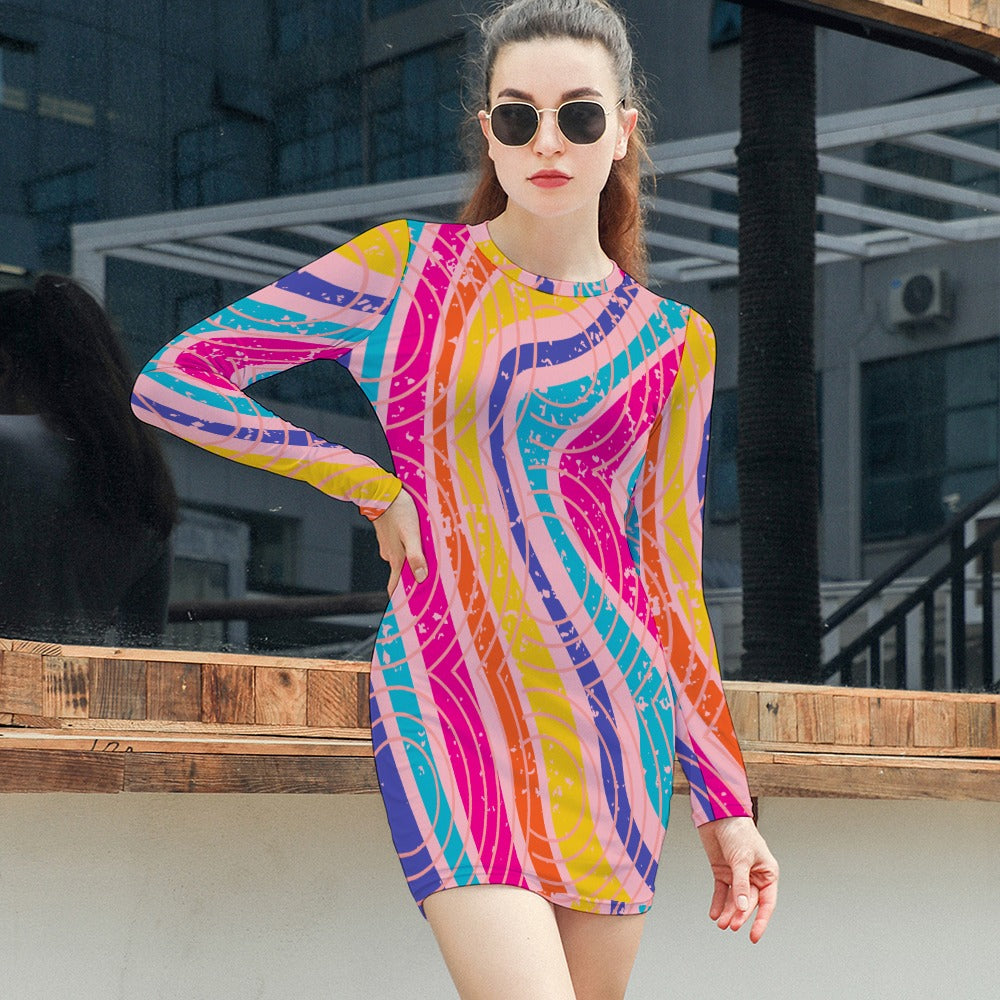 Women's Abstract Stripe Circle All Over Print Short Mini Bodycon Long Sleeve Skinny Fashion Summer Dress - 4 colours available