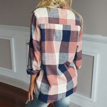 Women's Check Plaid Button Front Long Sleeve Cotton Shirt