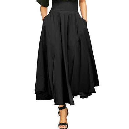 Women's Solid Colour Flared Maxi Skirt Belted Back Tie With Pockets