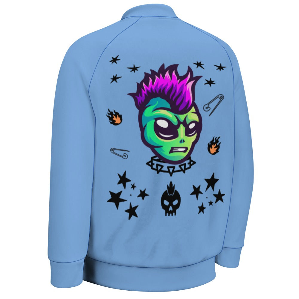 TABOO TIDE Men's Alien Punk Print Jersey Baseball Style Jacket Sweater Front and Back Design Cuff Hem Long Sleeve Button Front Side Pockets - All Sizes XXS to 6XL