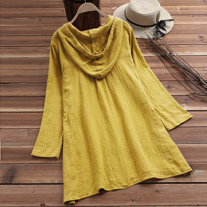 Women's Plus Size Linen Hooded Shirt Dress Long Sleeve Midi Length