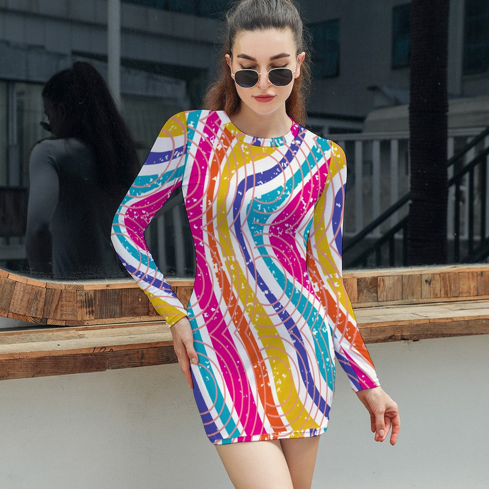 Women's Abstract Stripe Circle All Over Print Short Mini Bodycon Long Sleeve Skinny Fashion Summer Dress - 4 colours available