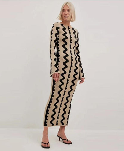 Women's Contrast Wave Stripe Print Wool Dress