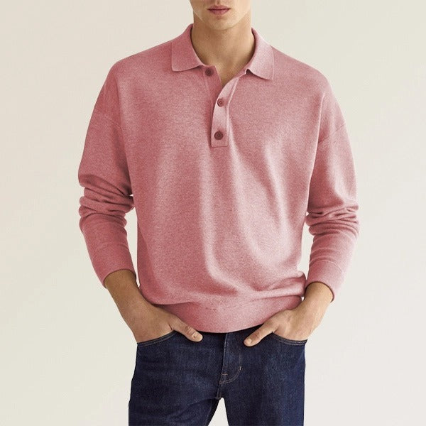 Men's Solid Colour Polo Shirt Long Sleeve Button Collar Loose Fit Casual Top