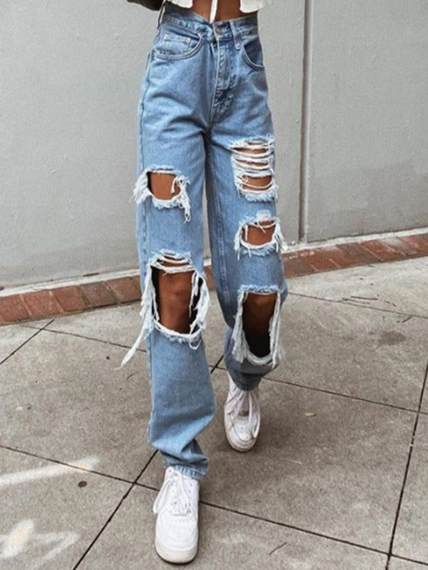 Women's Sexy Ripped Denim Jeans High Waist Holes Destroyed Broken Wide Pants Vintage Denim Trousers Distressed